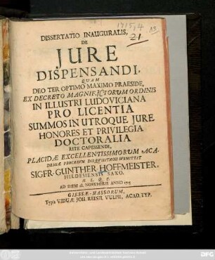 Dissertatio Inauguralis, De Jure Dispensandi