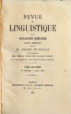Revue de linguistique et de philologie comparée : recueil trimestriel. 9, 9. 1876/77