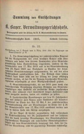 Siebenunddreißigster Band. 1916. Siebente Lieferung. - Nr. 22.
