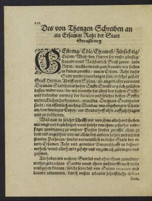 Des von Thengen Schreiben an ein Ersamen Raht der Statt Straßburg.