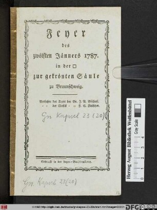 Feyer des zwölten Jänners 1787. in der Freimaurer-Loge zur gekrönten Säule zu Braunschweig