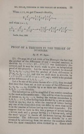 Proof of a theorem in the theory of Numbers
