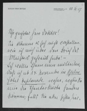 Brief von Lilly Bechtle an Gerhart Hauptmann