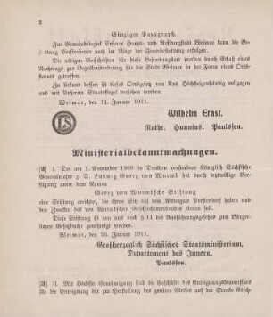 Nr. 2: Ministerialbekanntmachung, betreffend Genehmigung der Georg von Wurmbschen Stiftung