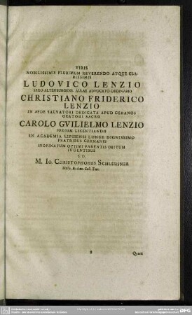 Viris Nobilissimis Plurimum Reverendo Antque Clarissimis Ludovico Lenzio ..., M. Jo. Christophorus Schleusner ...