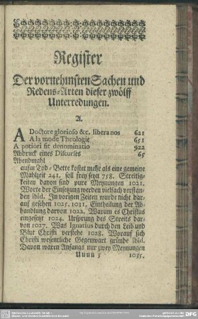 Register Der vornehmsten Sachen und Redens-Arten dieser zwölff Unterredungen