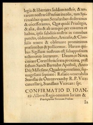 Confirmatio D. Ioannis Alberti Regis omnium Iurium & Privilegiorum Terrarum Prussiae.