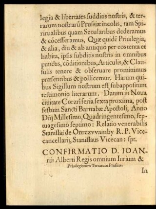 Confirmatio D. Ioannis Alberti Regis omnium Iurium & Privilegiorum Terrarum Prussiae.