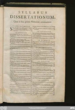 Syllab'us Dissertationum, Quae in hoc primo Volumine continentur.