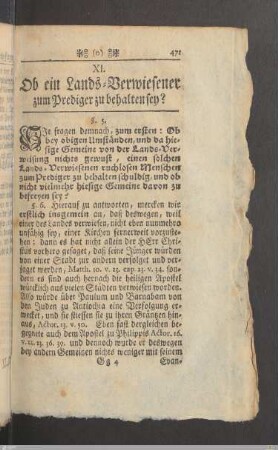 XI. Ob ein Lands-Verwiesener zum Prediger zu behalten sey?