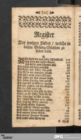 Register Der jenigen Lieder / welche in diesem Gesang-Büchlein zu finden seind.