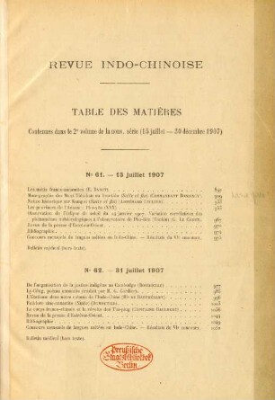 Table des matières contenues dans le 2e volume de la nouv. série (15 juillet - 30 décembre 1907)