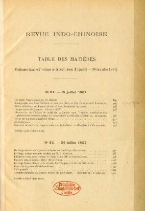 Table des matières contenues dans le 2e volume de la nouv. série (15 juillet - 30 décembre 1907)