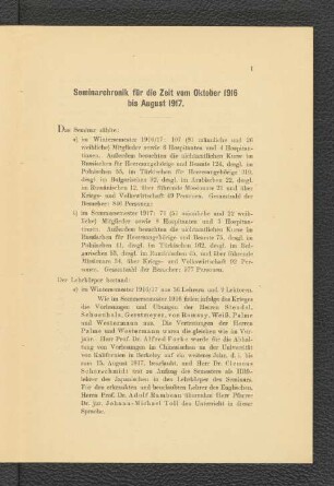 Seminarchronik für die Zeit vom Oktober 1916 bis August 1917.