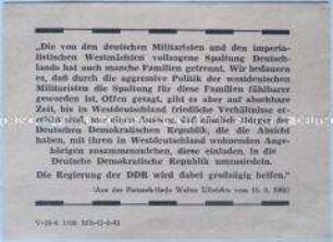 Handzettel mit einem Zitat aus der Rede von Walter Ulbricht zur Rechtfertigung der Grenzsicherungsmaßnahmen der DDR am 13. August 1961