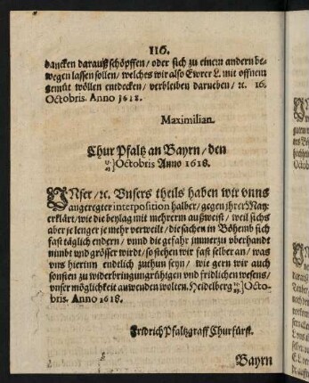 116, Chur Pfaltz an Bayrn den 13. Octobris, 23. Octobris Anno 1618
