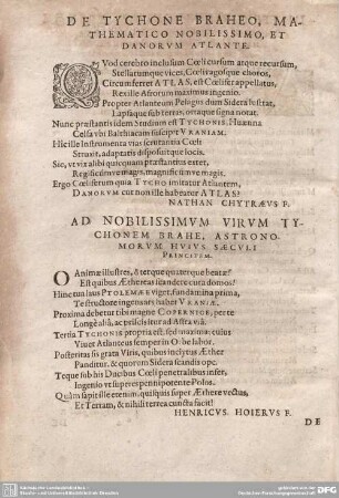 DE TYCHONE BRAHEO, MATHEMATICO NOBILISSIMO, ET DANORUM ATLANTE.