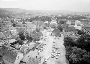 Lörrach: Blick vom Hochhaus auf Burgplatz mit Stadtkirche