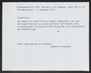 Brief von Gerhart Hauptmann und Margarete Hauptmann an Houston Stewart Chamberlain
