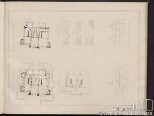 Grundriss des ersten Geschosses. Grundriss des zweiten Geschossses. Ansicht des Daches von oben. Durchschnitt des Daches. Alte Facade der Seite A. des Grundrisses. Alte Facade der Seite B. des Grundrisses.