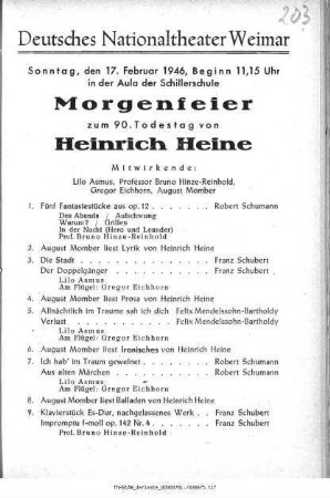 Morgenfeier zum 90. Todestag von Heinrich Heine