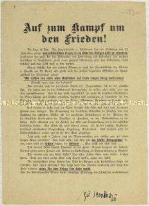 Flugblatt mit einem Aufruf zum Kampf für den Frieden
