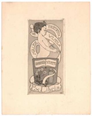 Exlibris für Dr. Friedrich Wilhelm Müller : Ein kleiner Junge mit Löffel in der Hand steht hinter einem Schild mit Bild und Text, um ihn herum ein Spruchband mit Namenszug, weiteres Spruchband mit Text um den Schild gelegt