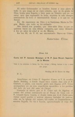 Núm. 54. Carta del P. Saturnino Úrios al R. P. Juan Ricart, Superior de la Misión