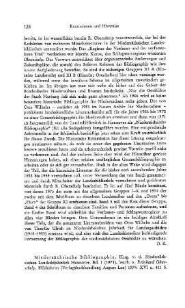 Niedersächsische Bibliographie, hrsg. von der Niedersächsischen Landesbibliothek Hannover, Band 1., bearb. von Reinhard Oberschelp : Hildesheim, Lax, 1974