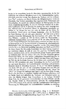 Niedersächsische Bibliographie, hrsg. von der Niedersächsischen Landesbibliothek Hannover, Band 1., bearb. von Reinhard Oberschelp : Hildesheim, Lax, 1974