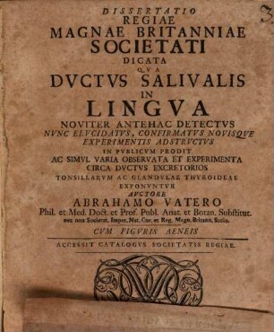 Diss. ... qua ductus salivalis in lingua noviter antehac detectus, nunc elucidatus ... in publicum prodit