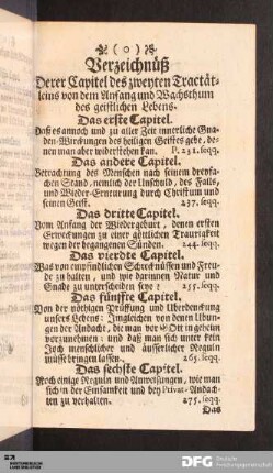 Verzeichnüß Derer Capitel des zweyten Tractätleins von dem Anfang und Wachsthum des geistlichen Lebens.