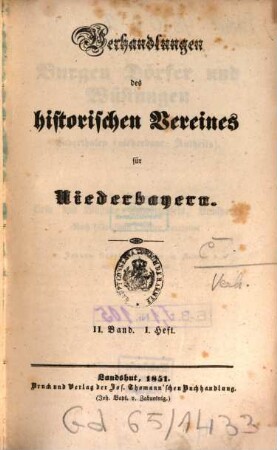 Verhandlungen des Historischen Vereins für Niederbayern. 2. 1851/52