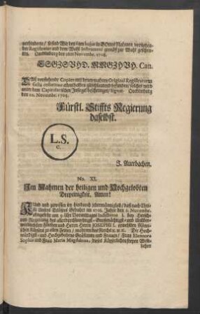 No. XI. Im Nahmen der heiligen und Hochgelobten Dreyeinigkeit. Amen!