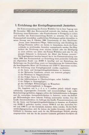 I. Errichtung der Kreispflegeanstalt Jestetten.