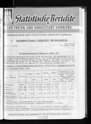 Das Bauhauptgewerbe in Hamburg im August 1969 : Lfd. Nr. 29