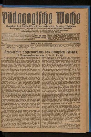 Katholischer Lehrerverband des Deutschen Reiches : 18. Vertreterversammlung vom 26. bis 28. Mai 1921