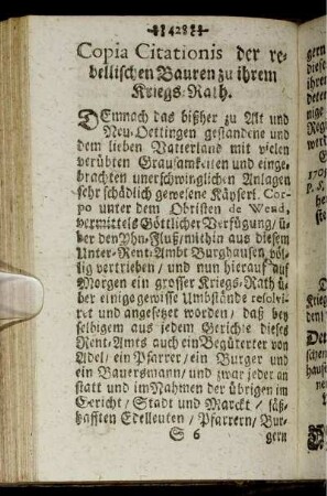 Copia Citationis der rebellischen Bauren zu ihrem Kriegs-Rath.