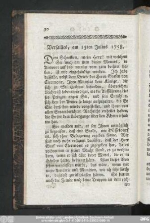 Versailles, am 15ten Julius 1758.