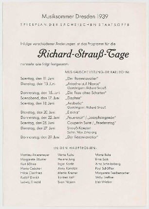 Richard-Strauss-Tage der Sächsische Staatsoper im Rahmen des "Musiksommers Dresden 1939" anläßlich des 75. Geburtstages des Komponisten. Programmzettel mit geändertem Spielplan (2 Gastdirigate R. Strauss) und Solisten. Druck; 20 x 14,4 cm. Eingelegt in: Sächsische Staatstheater, Schauspielhaus Dresden. Programmhefte 04.-06.1939. Dresden: SLUB Z. 4. 8