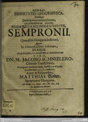 Dissertatio geographia exhibens descriptionem breviorem Regiae juxta ac liberae civitatis Sempronii