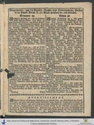 Verzeichnuß/ wie die Kayserl. Reichs- und Oesterreichische Posten in der Kayserl. Königl. V. Oe. Stadt Freyburg ein- und ablauffen.