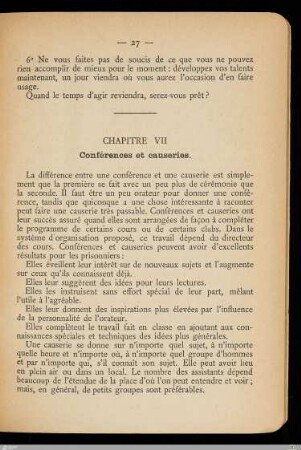 Chapitre VII - Conférences et causeries
