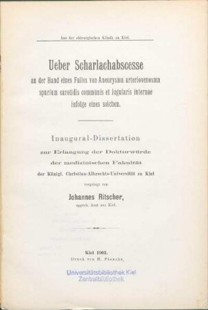 Ueber Scharlachabscesse an der Hand eines Falles von Aneurysma arteriovenosum spurium carotidis communis et iugularis internae infolge eines solchen