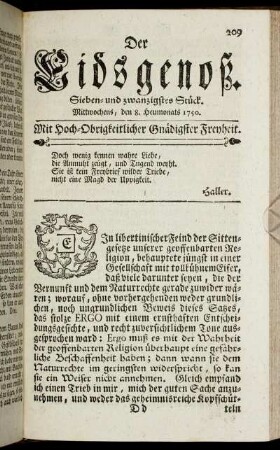 Sieben- und zwanzigstes Stück. Mittwochens, den 8. Heumonats 1750.