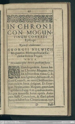 In Chronicon Moguntinum Conradi Episcopi Notae & Additiones Georgii [H]elwich Moguntini, Metropolitanae Ecclesiae ibidem Vicarii