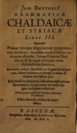 Joh. Buxtorfi Grammaticae Chaldaicae et Syriacae libri III