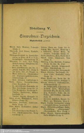 Abteilung V. Einwohnerverzeichnis : Abteilung V. Einwohner-Verzeichnis. Alphabetisch geordnet
