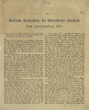 Kirchliche Nachrichten, die Nicolaikirche betreffend. Zum Jahresanfang 1831