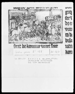 Sächsische Weltchronik (bis zum Jahre 1229) — Reiterkampf, Folio 123verso